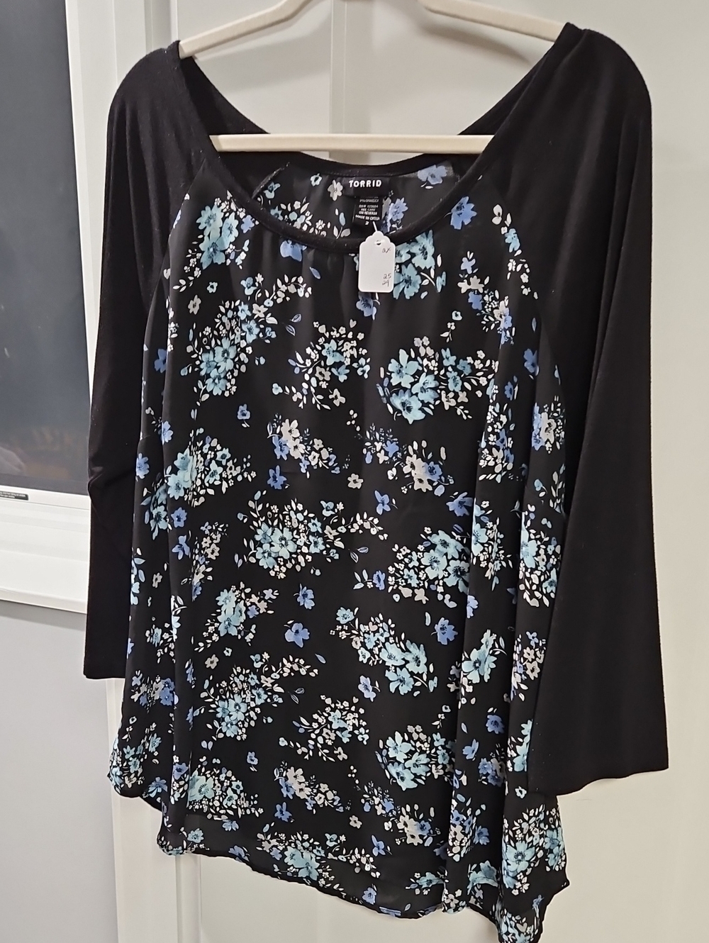torrid Black Long Sleeve Raglan Top with Blue Floral Print